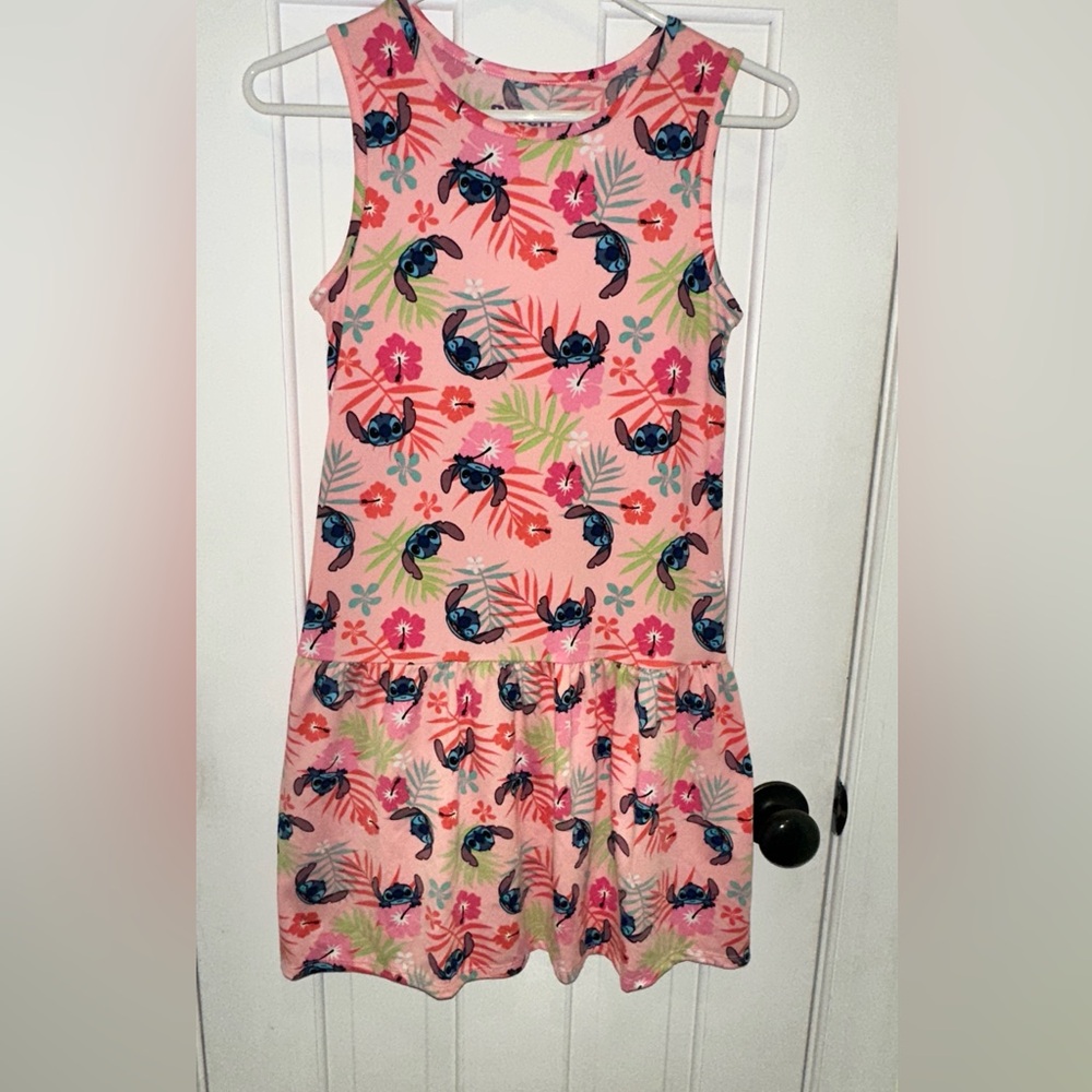Girls Disney Stitch Pink and Green Floral Stitch Dress Large 10/12 nwot new